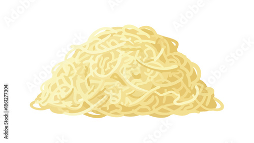 A vibrant illustration of a substantial, delicious pile of finely shredded pale yellow food presented on a clean white background, ready for various