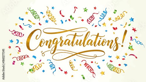 Golden 'Congratulations!' script surrounded by vibrant confetti and colorful streamers, perfect for celebrating achievements, milestones, and special events with a festive and joyful flourish