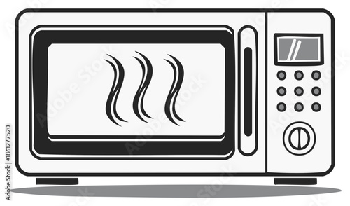 A front-facing illustration of a microwave oven, showing heat waves inside its glass door for cooking or reheating convenience.