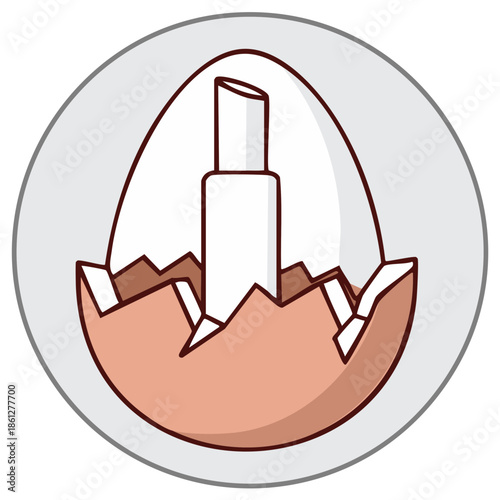 Creative beauty concept icon with a lipstick emerging from a cracked eggshell representing a new product launch