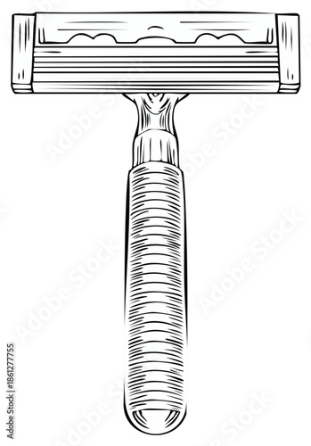 Detailed Line Art Depiction of Manual Razor for Grooming and Personal Care