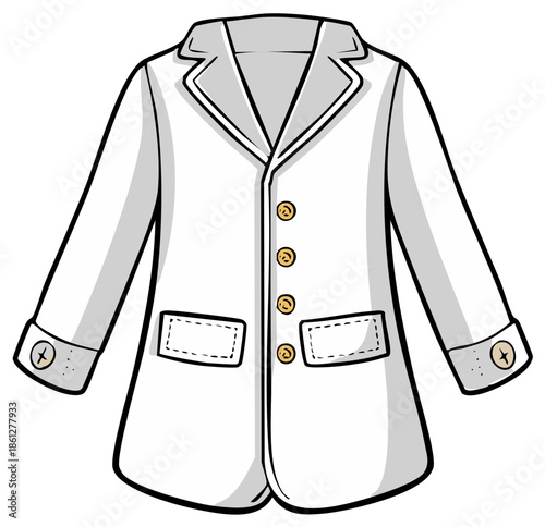 White Blazer Fashion Flat Sketch Style, Detailed Front View with Pockets and Golden Buttons