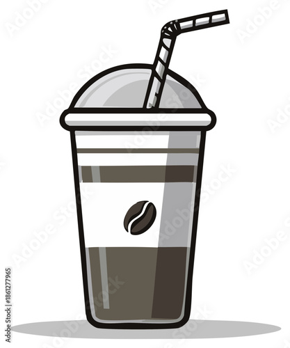 Iced Coffee Drink in Transparent Plastic Cup with Straw and Coffee Bean Icon