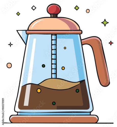 French Press Coffee Maker Illustration with Beverage Inside and Sparkling Elements