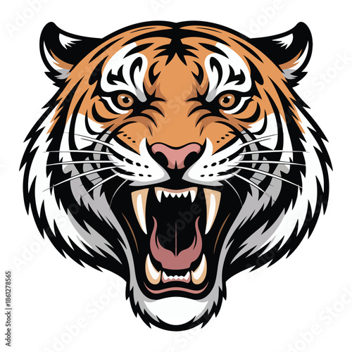 Tiger head vector of a wild Siberian feline showing striped fur and predator eyes in a majestic nature portrait of this big mammal carnivore