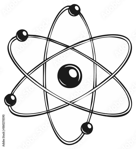 Classic atomic model illustration in black and white, representing science, energy, and fundamental particles.