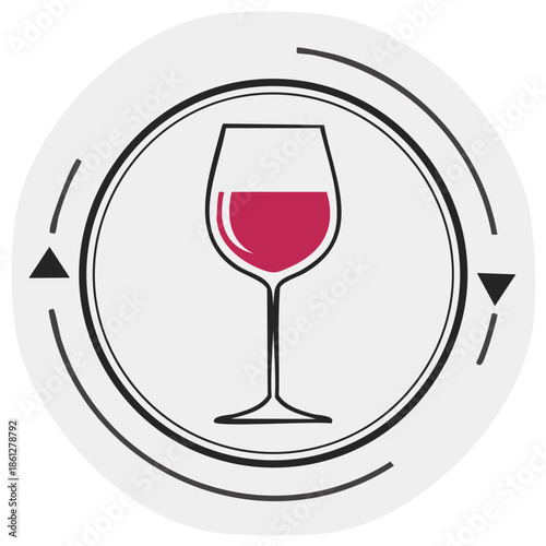 Elegant wine glass graphic illustration with red wine and curved design elements representing the drink.