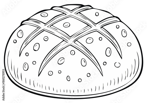 Round loaf of artisan bread with a scored crust black and white line art illustration for a coloring page
