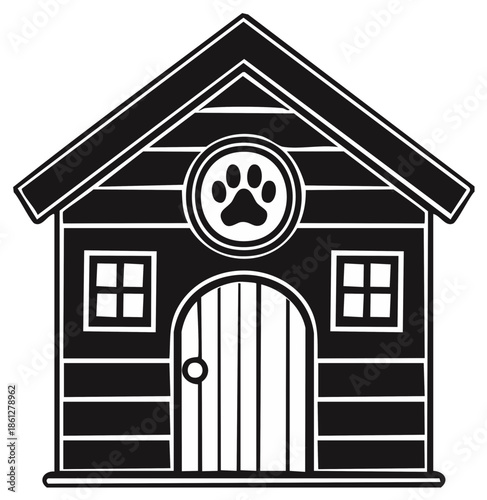 Isolated Doghouse Vector Illustration with Paw Print Emblem and Gabled Roof