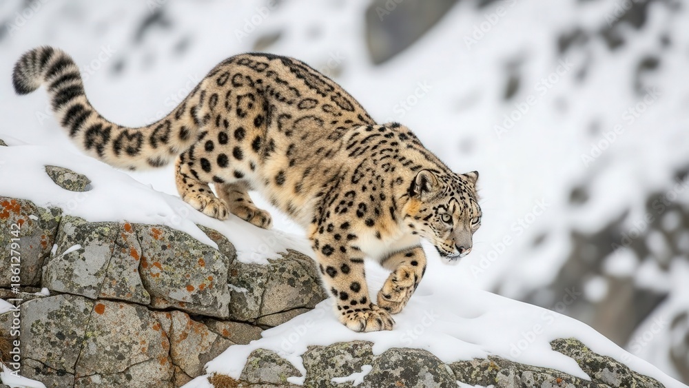 Fototapeta premium Snow leopard on rocky terrain.