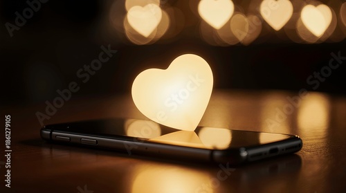 Golden heart-shaped light resting on a smartphone screen placed on a wooden table, emits a warm, soft amber glow that reflects beautifully on the phone surface.
