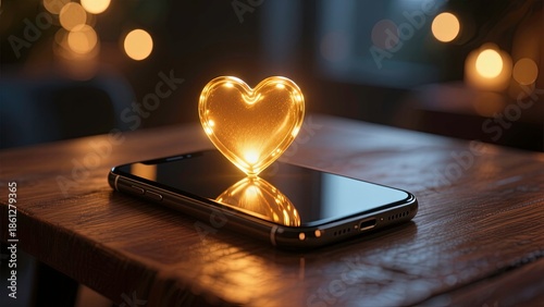 Golden heart-shaped light resting on a smartphone screen placed on a wooden table, emits a warm, soft amber glow that reflects beautifully on the phone surface.