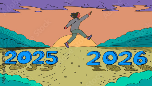 Flat vector illustration of a person’s silhouette captured mid-leap in a dynamic and energetic pose.