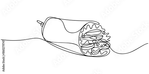 Continuous one line drawing of shawarma. Kebab with meat and vegetables. Fast food cafe and restaurant concept. Hand drawn one line vector, Continuous one line drawing of shawarma. Kebab with meat