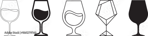 Wine Glass Icon Set Illustration – Alcohol Beverage Glassware Collection, Minimal Bar Drink Symbols, Restaurant Menu Vector Design