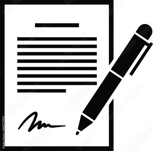 Black document with pen icon flat vector for contract signing business agreement and legal paperwork concepts