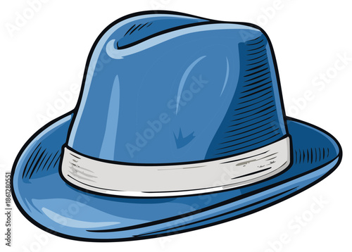 Blue fedora hat with light band illustration vintage retro style fashion accessory