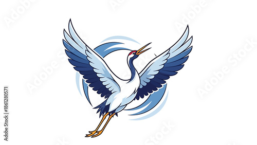 Graceful flying crane illustration with outstretched wings, soaring elegantly amidst a dynamic blue swirling motion element, symbolizing freedom, aspiration, and natural beauty