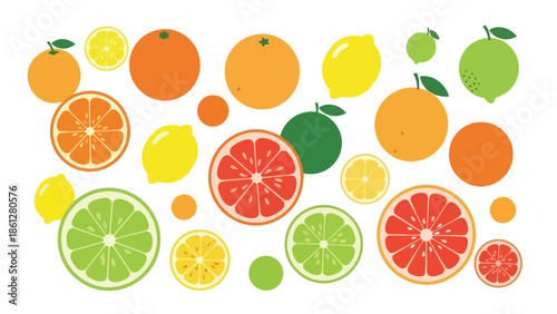 A vibrant and refreshing collection of diverse citrus fruits rendered in a playful flat graphic style illustrating freshness and healthy