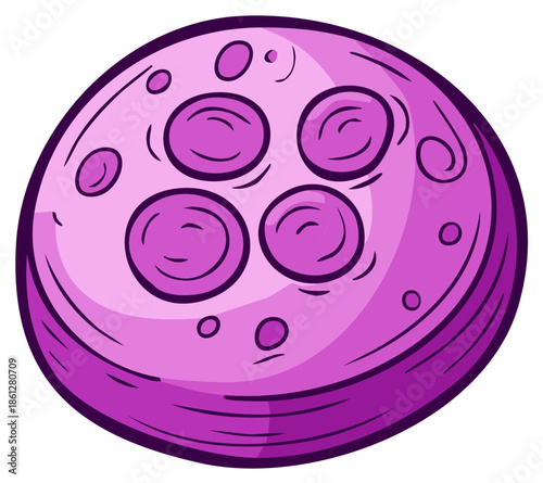 Cartoon pink moon with craters and a purple border in outer space