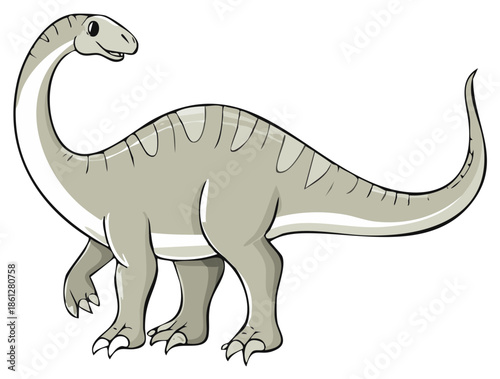 Charming illustration of a long necked herbivore dinosaur with grey skin and stripes