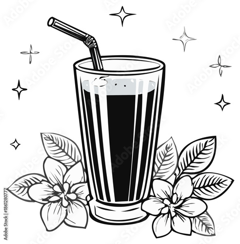 Refreshing Glass Drink With Straw Adorned by Flowers and Sparkling Stars in Black and White Sketch Style