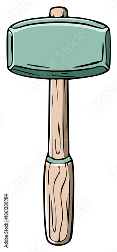 Cartoon illustration of a light green mallet with a wooden handle and beige stopper