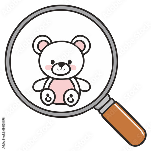 Cartoon Teddy Bear under a Magnifying Glass Examining and Looking Closely at the Stuffed Animal