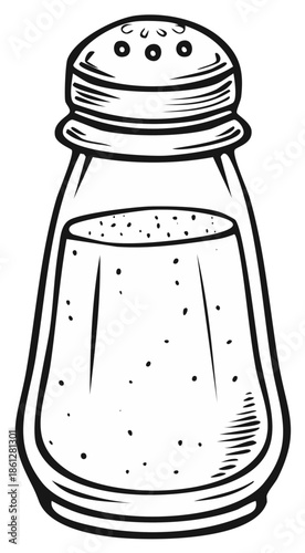 Doodle of a salt shaker with grains isolated on white, vector illustration, kitchen, food