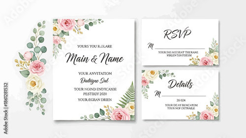 Elegant Wedding Invitation Suite Featuring Soft Pink Roses and Eucalyptus Greenery