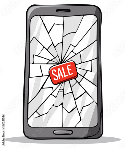 Broken Screen Smartphone with Sale Sign: Damaged Mobile Device Promotion