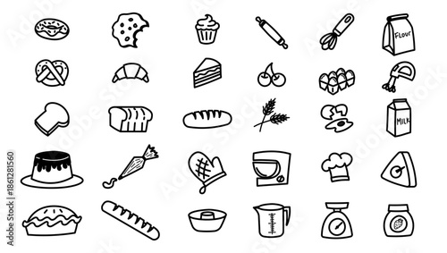 Bakery doodle icon cute bread loaf pastry tools kitchen