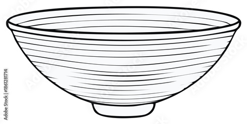 Simple black and white illustration of a wide, shallow bowl with horizontal line texture