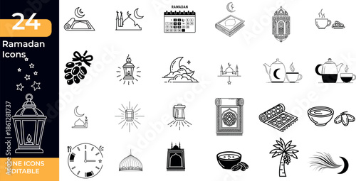 A comprehensive set of 24 line art and solid icons representing various aspects of ramadan celebrations