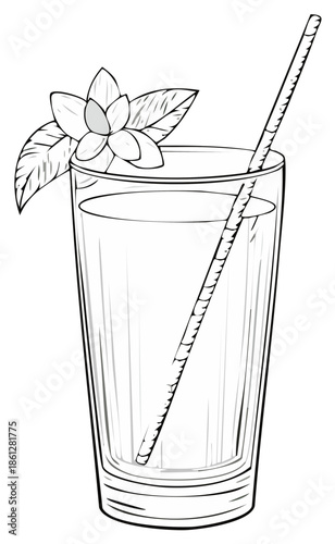 Detailed line art illustration of a refreshing drink in a tall glass with straw and floral garnish