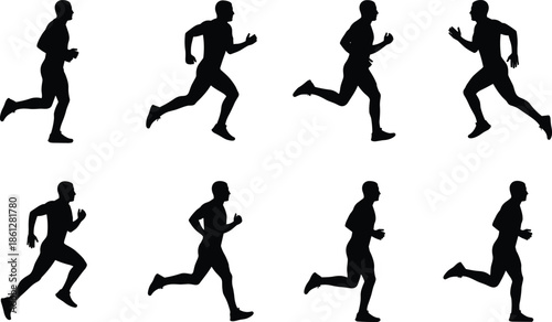 Running Men Silhouettes Vector Set, Male Runners in Motion Poses, Athlete Training and Jogging Graphic, Fitness and Sport Active Lifestyle Collection.