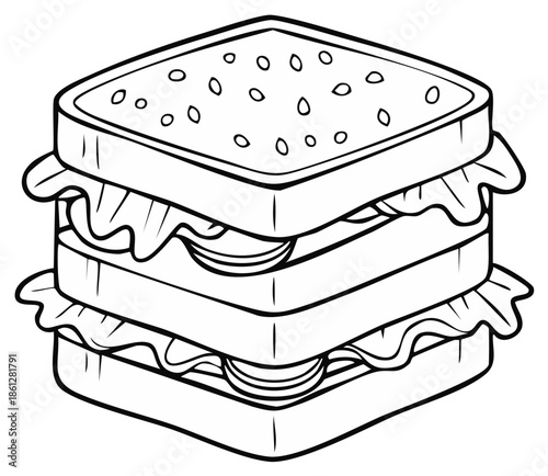 Toasted sandwich with lettuce and cheese layered between bread slices on white background