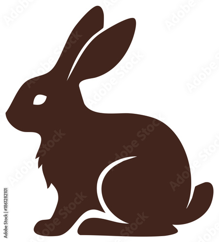 Brown rabbit silhouette sitting with long ears alert and tail visible on white background