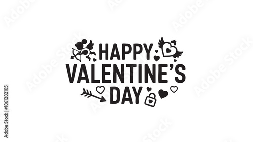 Happy Valentines Day lettering with hearts cupid and arrow design on transparent background