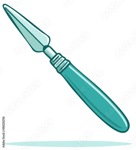 Stylized antique spearhead and shaft in a vibrant teal color with bold outlines