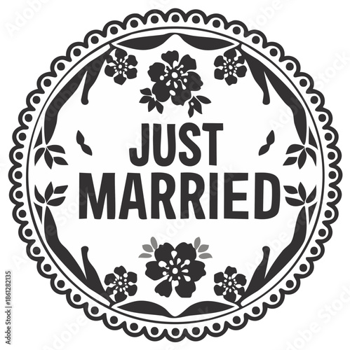 Just Married elegant floral circular design emblem for wedding invitations