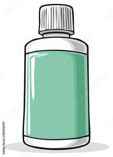 Cartoon plastic bottle with green liquid and a blank label for mockup or design