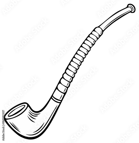 Black and White Illustration of a Long, Curved Smoking Pipe with a Twisted Stem