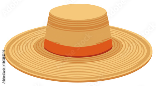 Vector illustration of a classic straw boater hat with a wide brim and orange ribbon