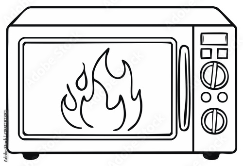 Cartoon Microwave Oven with Flames Illustration Home Kitchen Appliance Heating Element