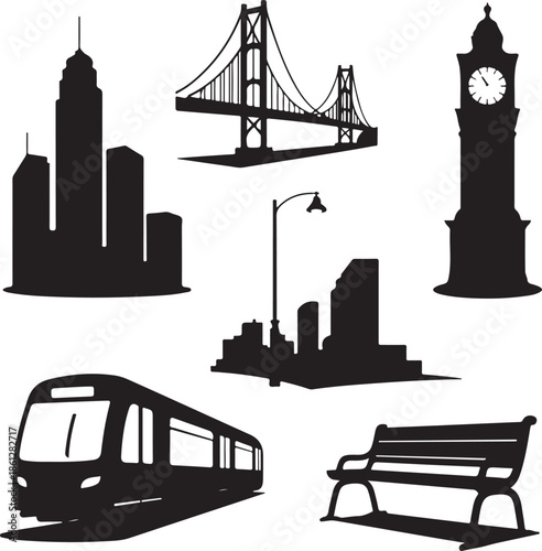 Silhouettes of urban landmarks and city elements isolated on transparent