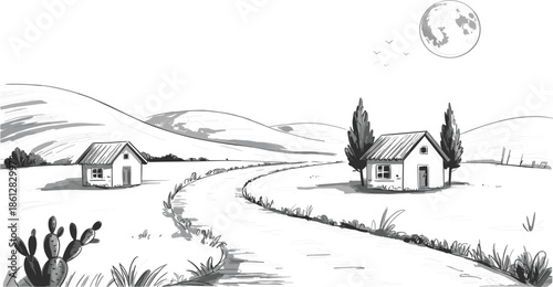 Rustic rural scenery drawing featuring simple cottages along a path with desert hills and bright moon