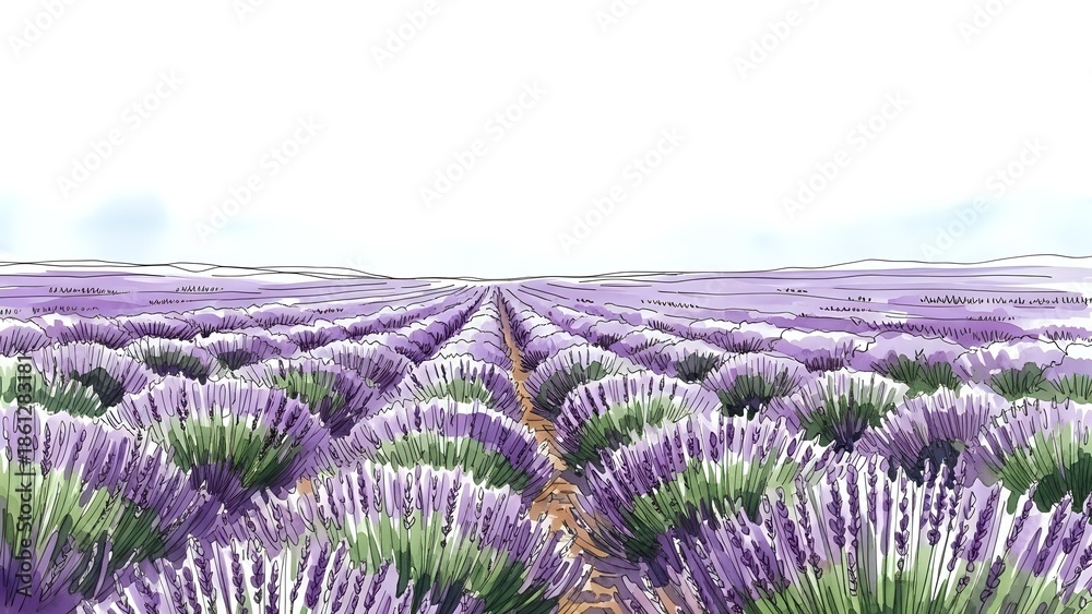 Fototapeta premium Endless rows of blooming lavender field stretching to horizon under soft cloudy sky, creating peaceful rural landscape for aromatherapy and wellness designs.