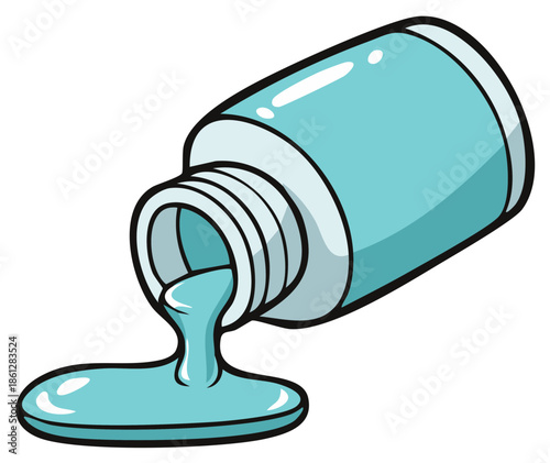 Cartoon light blue bottle tipped over spilling shiny liquid onto a surface creating a puddle