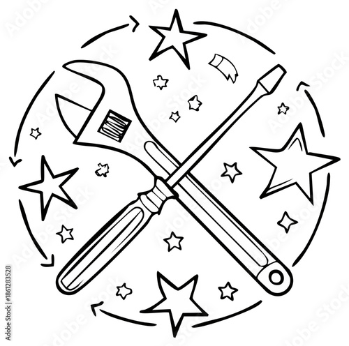 Wrench and screwdriver crossed with stars and arrows, representing repair and maintenance